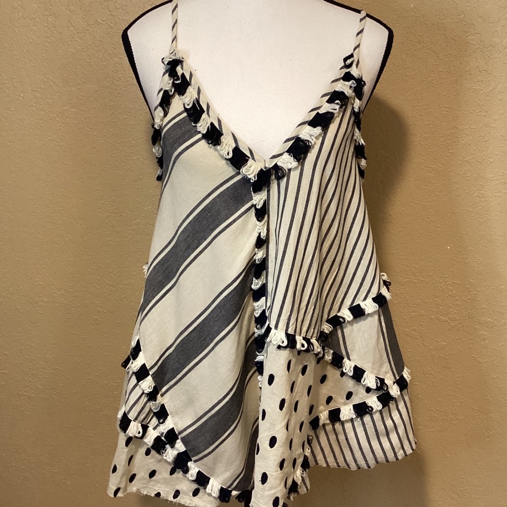 Dodo Baro Or 100% Cotton Embellished Tank Top, Size Medium, Black and Ivory